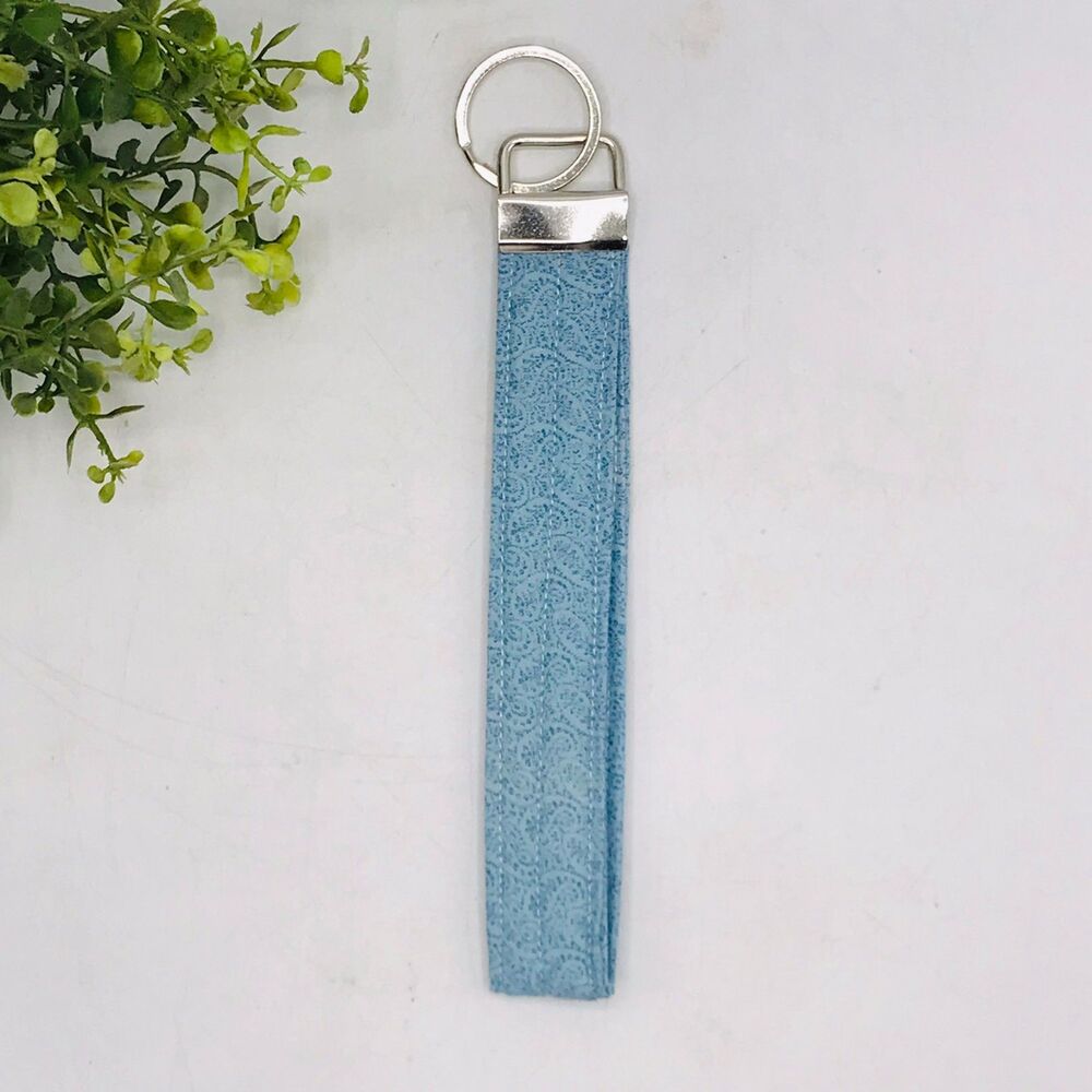 Handmade Wristlet Keychain Lt Blue Paisley Silver Hardware Stocking Stuffer 7.5"